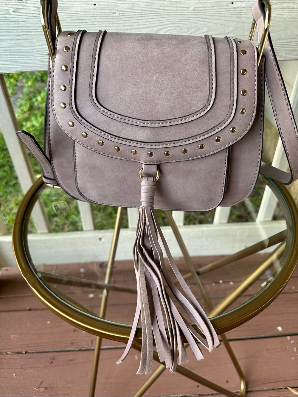 Franco Sarto Mauve Taupe Fringe Saddle Crossbody Bag